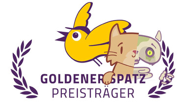 Logo zur Auszeichnung Goldener Spatz mit KatzeQ-Figur und Vogel auf Lorbeerkranz.